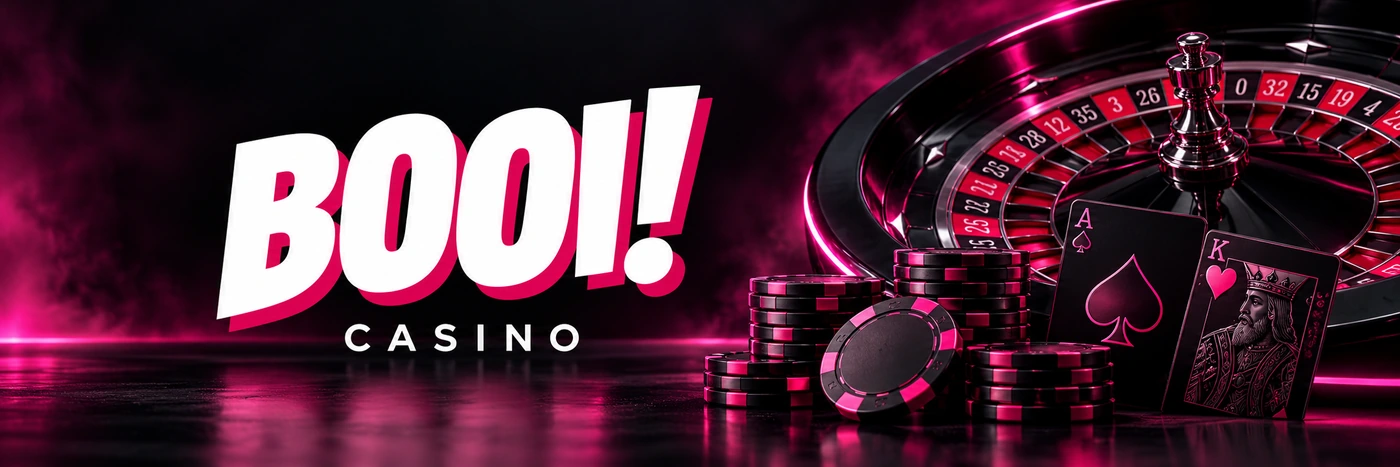 Booi Casino con roulette, fiches e carte da gioco su sfondo nero e rosa